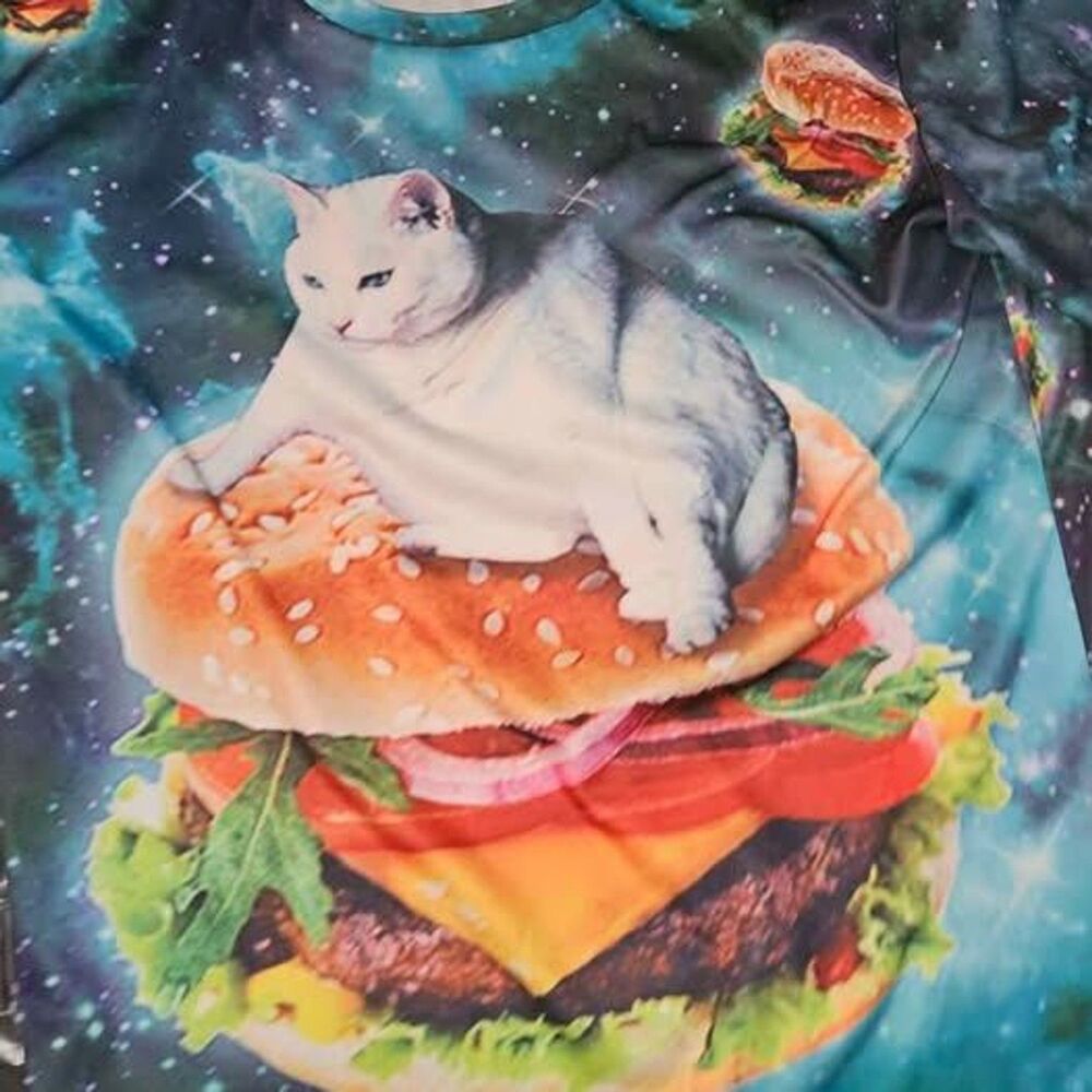 Galactic Hamburger Cat & Cats Kittens in Space Tee Shirts (both are Mens XL)